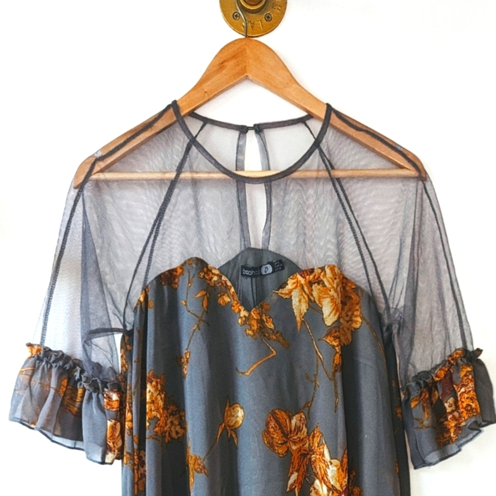 Boohoo Gold Ruffled Tiered Sundress with Puff Sleeves